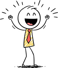 Joyful stick figure celebrating success with raised arms and big smile.