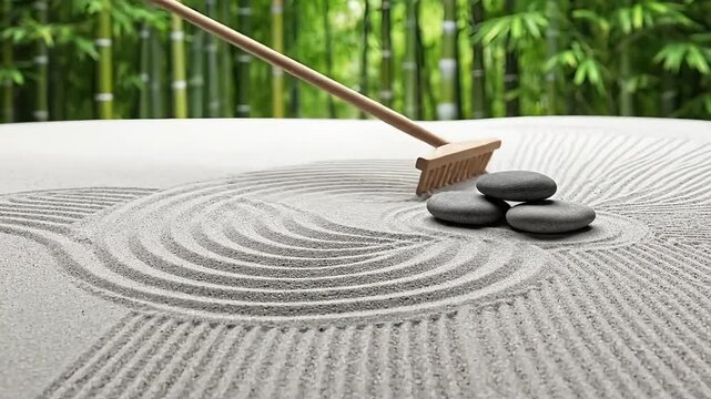 Serene Japanese zen garden with raked sand and smooth stones, evoking tranquility and mindfulness.