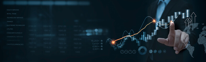 Business, finance and investment background. Finance analyst analyzing digital marketing financial report, sale growth with stock market graph, business planning and market research