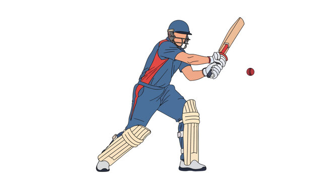 Dynamic vector illustration of a male cricket player mid-swing, showcasing the action of batting with a ball, on a clean isolated white background, perfect for sports design and graphic projects