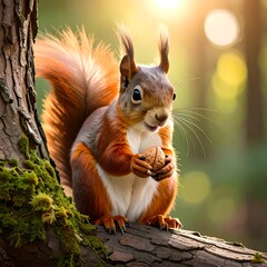 A squirrel eating a nut, bathed in warm sunlight