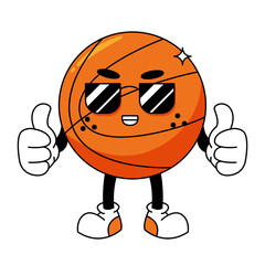 Cartoon Basketball Character with Sunglasses Thumbs Up in Orange and Black on Transparent...