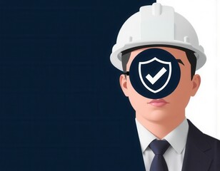 Work Safety and Compliance Concept Safety First Businessman use magnifier finding check mark in shield icon hard hat checklist workplace safety health protocols and regulatory compliance ui interface 