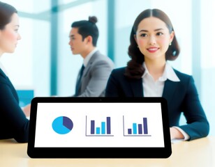 big data analytics and business intelligence concept with chart and graph icons on a digital screen interface and a businesswoman in background ui interface user