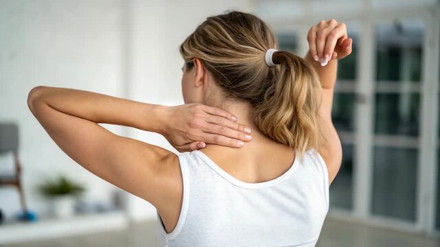 Woman massaging sore neck and shoulders experiencing pain and discomfort indoors video