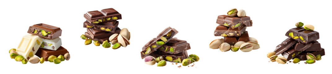 Assortment of delicious chocolate pieces with fresh pistachio nuts isolated on a white background.