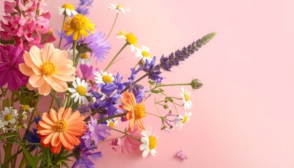Colorful wildflower bouquet on a pastel pink background