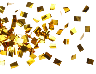 Golden Foil Confetti Falling at an Angle, Floating Mid-Air, Isolated on White