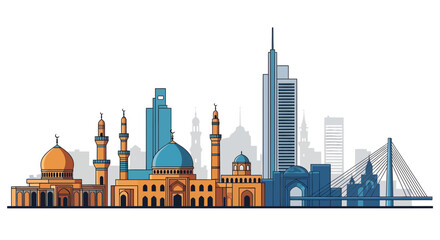 Obraz premium Vector city skyline with a blend of traditional mosques, modern skyscrapers, and a bridge, depicting diverse architecture and vibrant urban life
