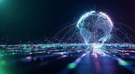 Glowing Wireframe Globe With Vibrant Data Lines, Representing International Communication, Advanced Technology, And Global Network Infrastructure.