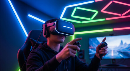 Person using virtual reality headset in neon-lit room