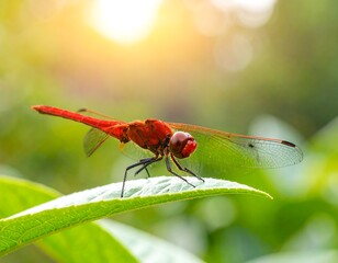 Close-up of a vibrant red dragonfly on a leaf
