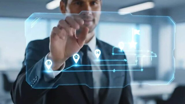 Touch a virtual screen with a roadmap overlay representing the steps in a project or strategic planning process. Business and Project Roadmap Concept. Waypoint icons and ending with goal achievement.
