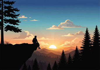 Fototapeta premium A lone figure sits on a cliff edge, silhouetted against a vibrant sunset over a mountainous landscape with trees and clouds.