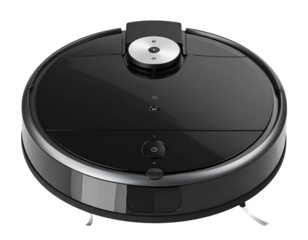  Modern Robotic Vacuum Cleaner Round Shape with Glossy Finish, Front View, Isolated on Transparent Background PNG