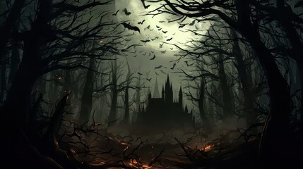 Obraz premium Generative AI background of a spooky Halloween scene in a haunted forest with graveyard, bats, and trees. Suitable for holiday designs, websites, and festive content. Great for creating a frightening 