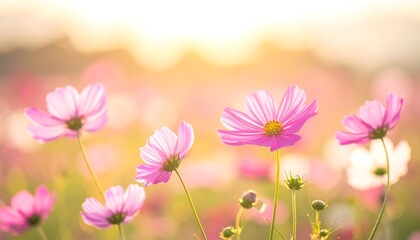 Fototapeta premium Pink cosmos flowers in a field at sunset