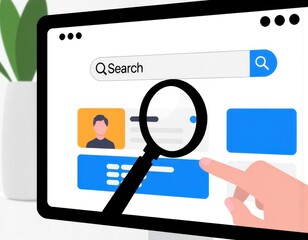 Businessman hand use magnifying glass Search On Virtual Screen Data Search Technology Search Engine Optimization Searching for information Using Search Console for data info ui interface user