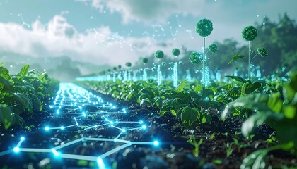 Modern smart farming technology showing innovation and sustainable agriculture with digital data visualization in a vibrant field