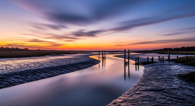 Serene marsh at sunset with silhouetted posts and streaky clouds - Powered by Adobe