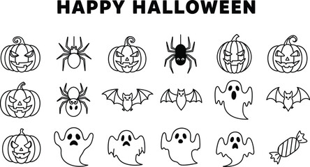 Happy halloween set with pumpkins, spiders, bats, ghosts, and candy, perfect for greeting cards