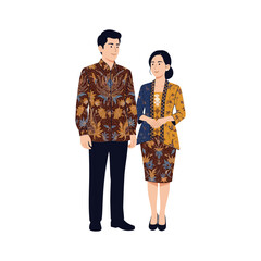 illustration of a couple wearing traditional Indonesian batik.  Plain white background.