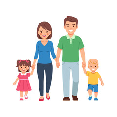  illustration of a happy family walking together holding hands.  Plain white background.