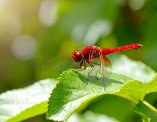 Close-up of a vibrant red dragonfly resting on a green leaf