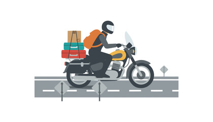 Illustration of a homecoming traveler using a motorbike carrying lots of things. With a white background.