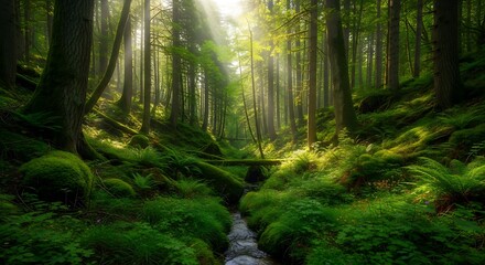 Obraz premium Sunbeams filter through a lush mosscovered forest illuminating a small stream