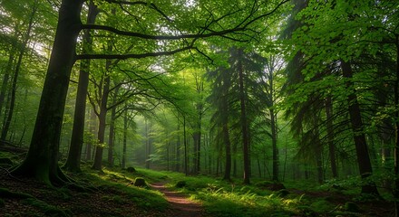 Naklejka premium Sunlit forest path winding through lush green trees