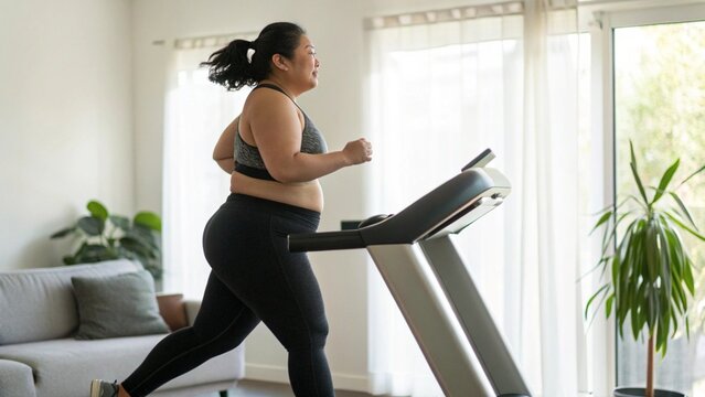 Plus Size Asian Woman Running on Treadmill at Home in Morning for Healthy Lifestyle
