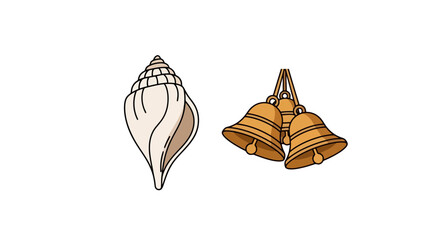 Illustrative Depiction of a Shankha Conch Shell and Golden Bells for Religious Ceremony, Festival Decoration, or Cultural Heritage Designs