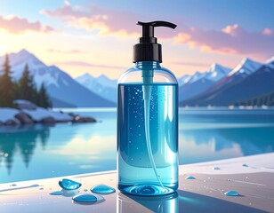 Tranquil Hand Sanitizer by a Serene Lakeside Vista