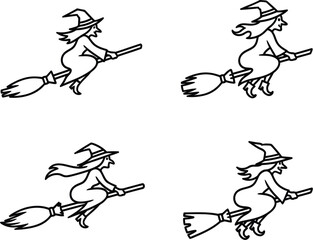 Fototapeta premium Collection of cartoon witch flying broom, perfect for halloween coloring book or sticker design