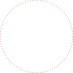 This is a minimalist graphic image featuring a large circle composed entirely of small, red dots. These dots are evenly spaced and form a perfect circular outline against a plain.