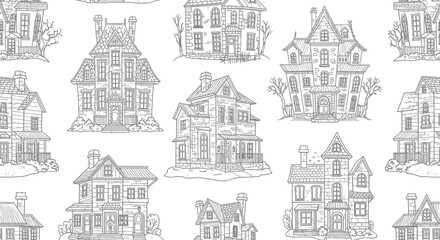 Naklejka premium Seamless pattern of spooky haunted houses, hand drawn vector illustration for halloween celebration and decoration