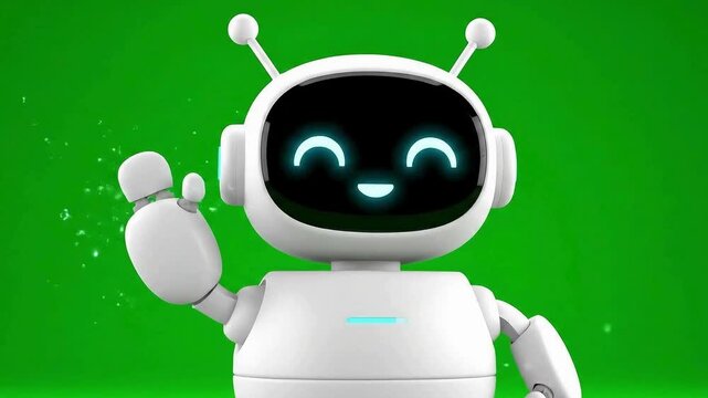 Friendly robot waving hello in a bright green studio, ready to assist and automate workflows