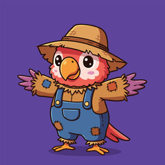 Cartoon parrot with pink and red feathers dressed as a scarecrow in blue patchy overalls and straw hat, standing on a purple background.