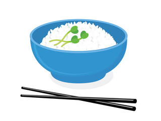 Blue ceramic rice bowl with chopsticks and green sunflower sprouts vector. Asian food icon sign.