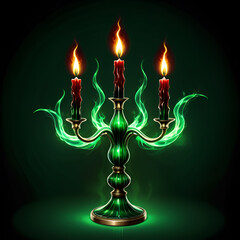 Fototapeta premium Enchanting emerald candelabra with flickering red candles and mystical green flames creates an alluring, magical atmosphere