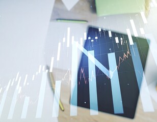 Tablet displaying financial graphs, overlaid with similar data, suggesting market fluctuation