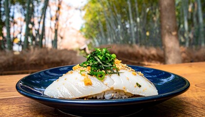 A vibrant dish of seafood, rice, and garnish