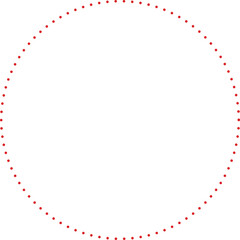 This is a minimalist graphic image featuring a large circle composed entirely of small, red dots. These dots are evenly spaced and form a perfect circular outline against a plain.