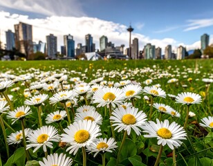A vibrant field of daisies in front of a city skyline