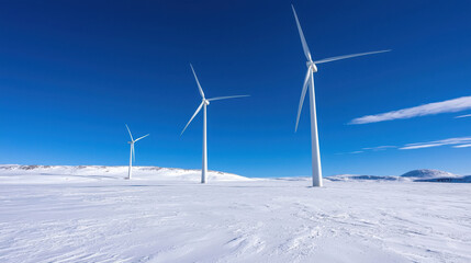 Scenic Winter Landscape with Snow-Covered Terrain and Three Tall Wind Turbines against a Clear Blue Sky