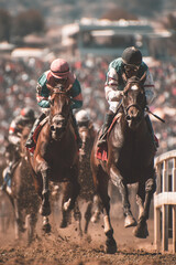 Exciting horse race at the hippodrome with jockeys competing over a barrier