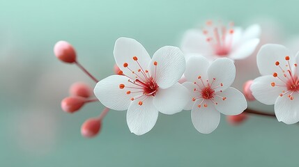 Macro Shot of Delicate White Cherry Blossom Flowers with Red Stamens on Soft Teal Background in Natural Cinematic HDR Lighting
