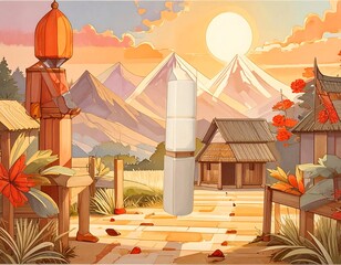 A serene village scene at sunrise