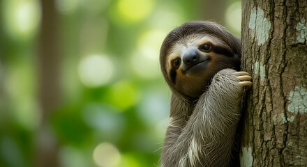Sloth clinging to tree in rainforest.
